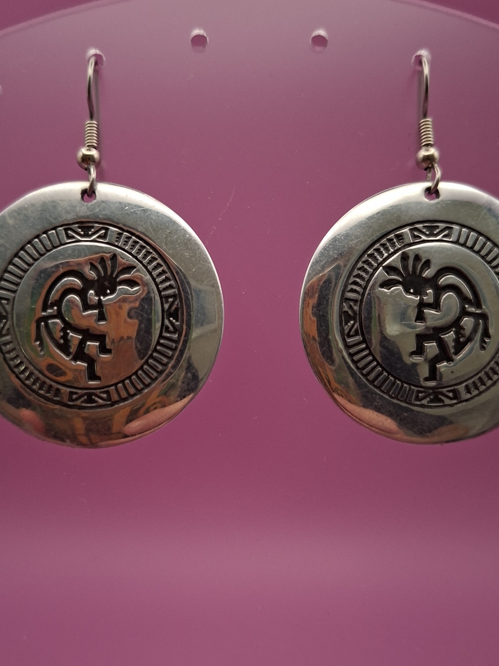 Silver-Tone Round Kokopelli Dangle Earrings - Women Jewelry
